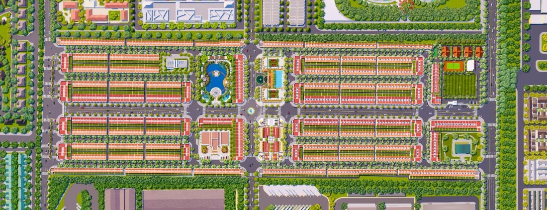 Phối cảnh khu đô thị Thăng Long Central City nhìn từ trên cao. Đây là dự án tích hợp nhiều tiện ích cao cấp bậc nhất hiện nay tại Bàu Bàng
